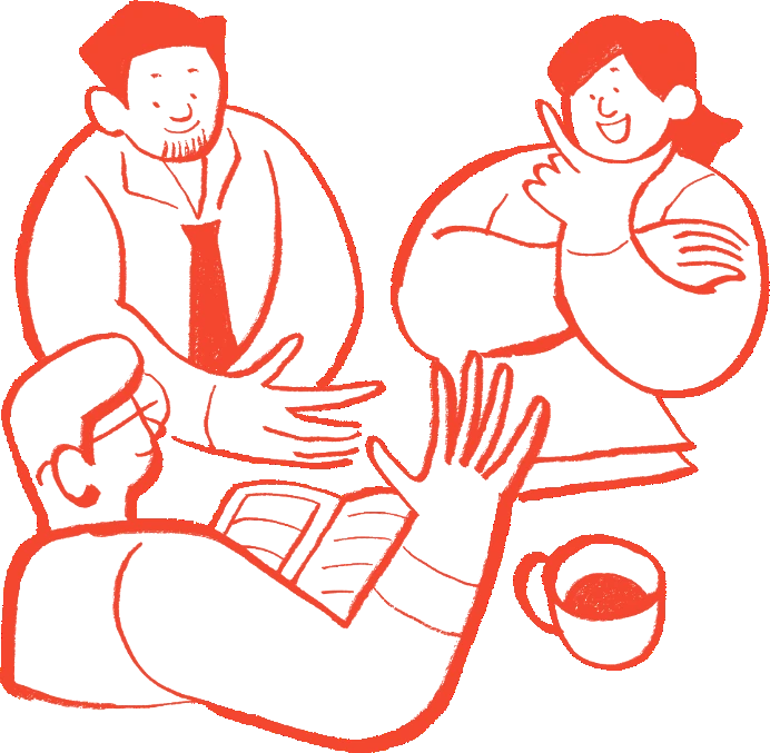 Founders talking over coffee — line illustration